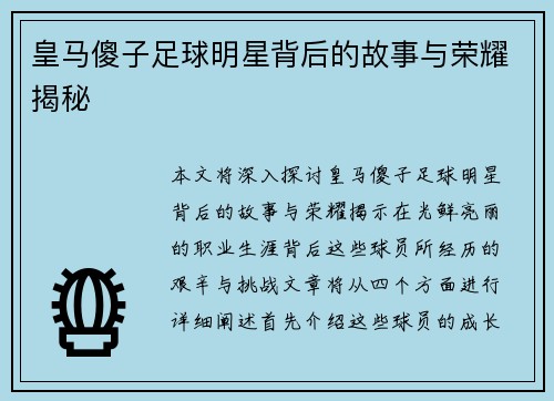 皇马傻子足球明星背后的故事与荣耀揭秘